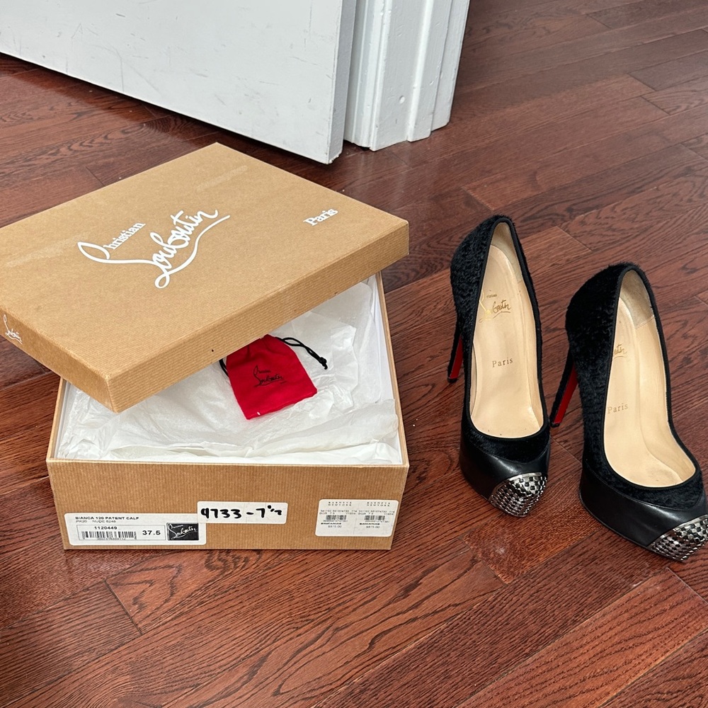 Christian Louboutin Black Velvet Peep-Toe Heels